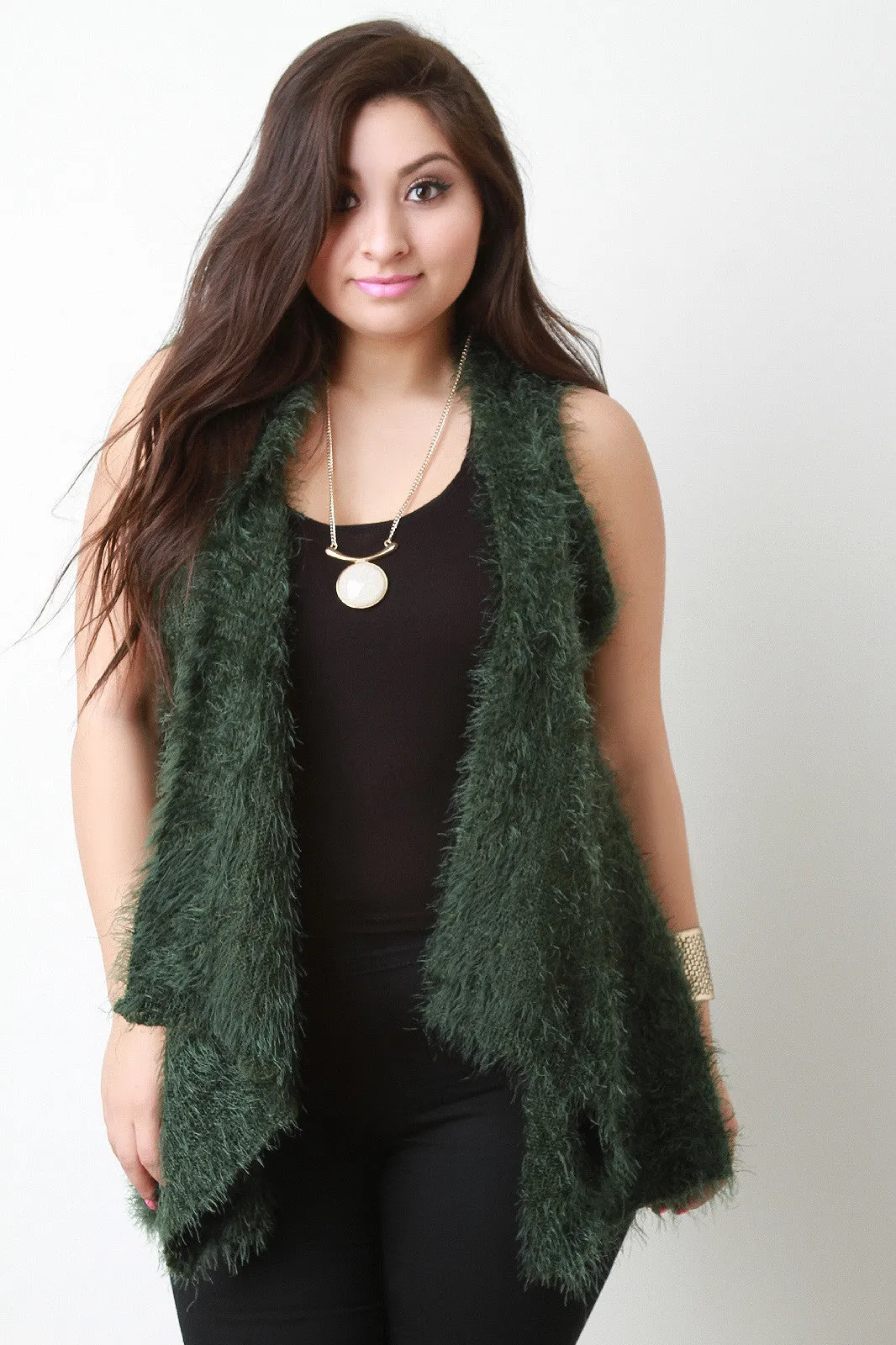 Back Contrast Knit Sleeveless Drape Faux Fur Vest