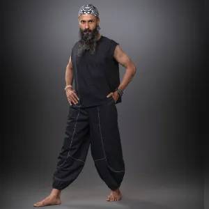 Black Handwoven Cotton Sleeveless Tank Top with Yoga Harem Pant Combo | Athleisure Top & Pant for Men