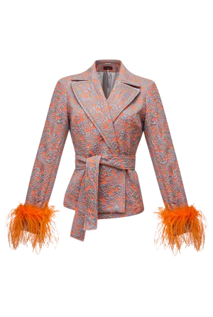 Jacquard Jacket with Detachable Feather Cuffs