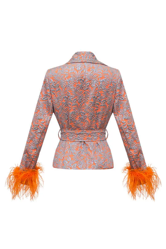 Jacquard Jacket with Detachable Feather Cuffs