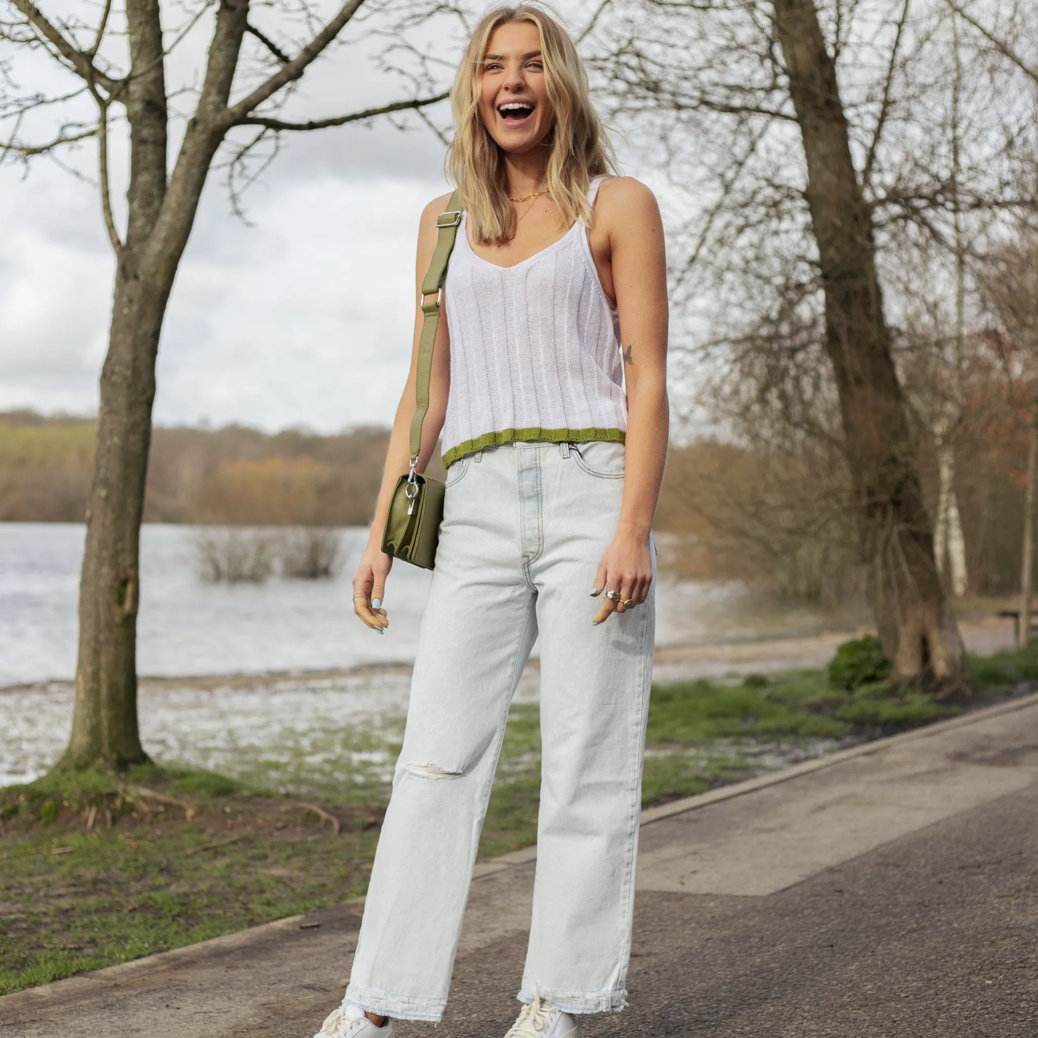 Jodie Ribbed Knitted Cami Vest - White