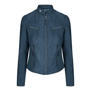 Ladies Women Genuine Real Leather Slim Fit Navy Biker Jacket