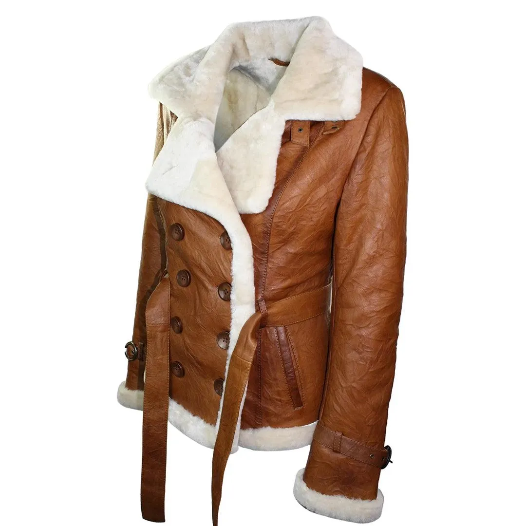 Ladies Women Real Shearling Sheepskin Aviator Tan Brown Leather Jacket