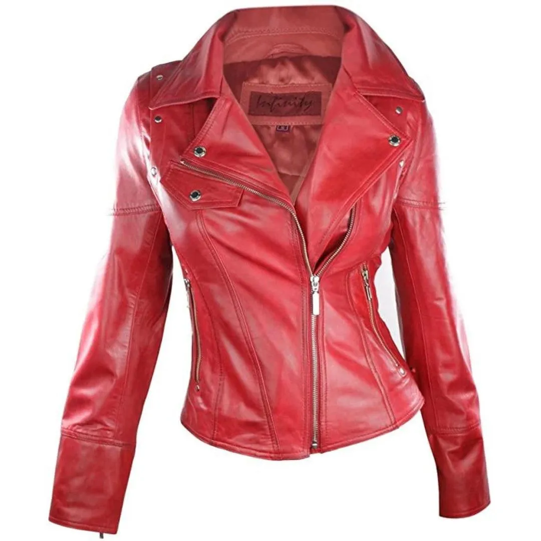 Leather 100% Jacket Biker Style Vintage Red Soft Leather