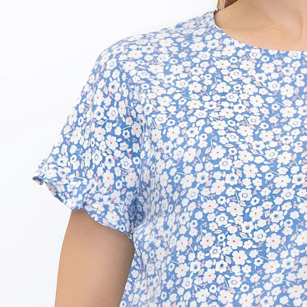 M&S Blue Floral Print Lightweight Blouse Frill Short Sleeve Round Neckline Tops