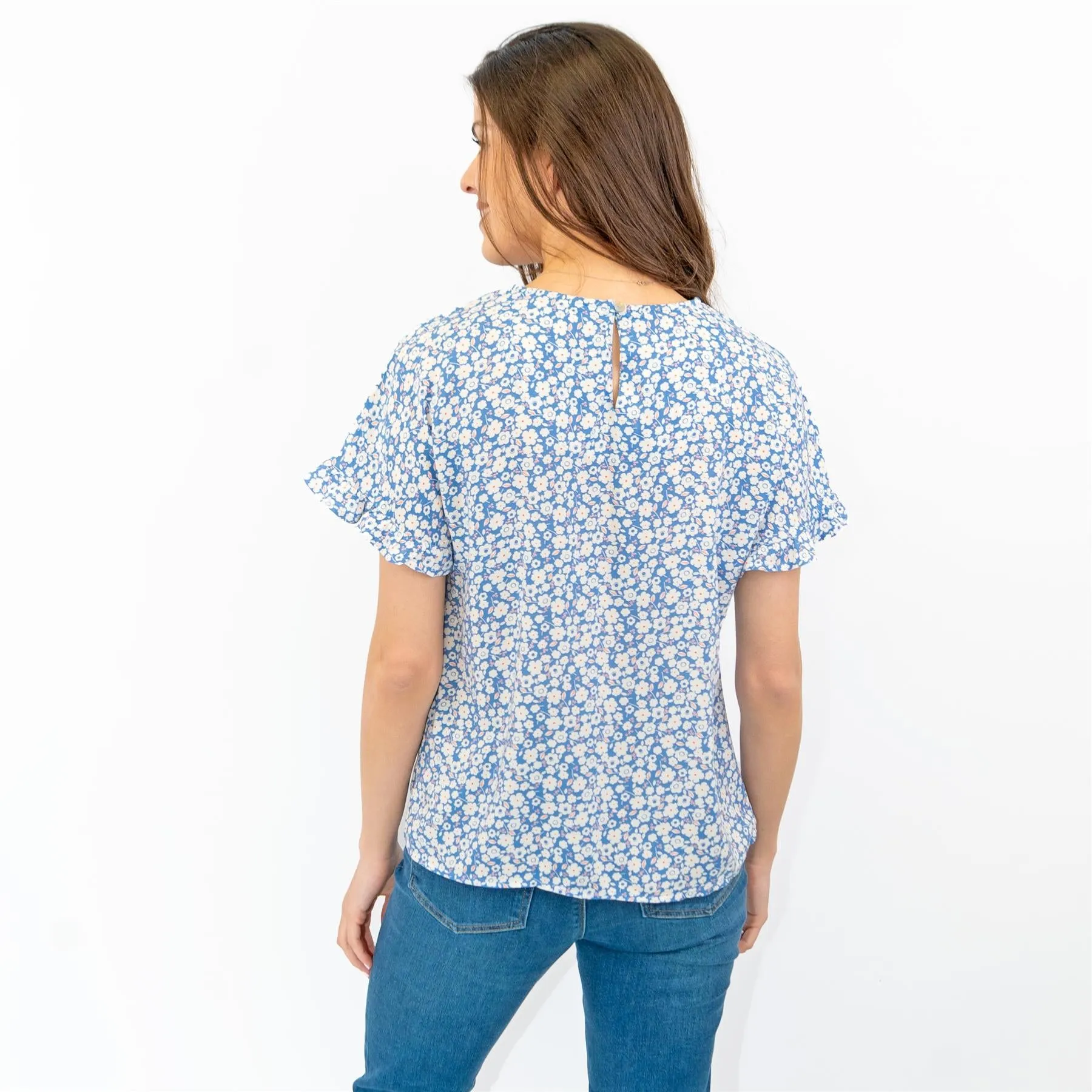 M&S Blue Floral Print Lightweight Blouse Frill Short Sleeve Round Neckline Tops