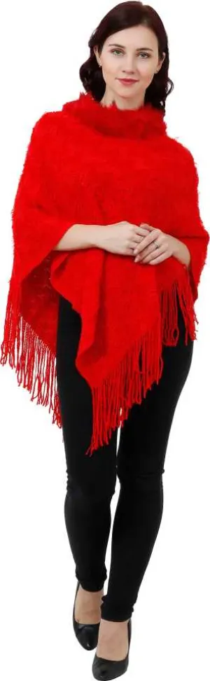 Manra Women Pure Wool Knitted Poncho in Red Colour