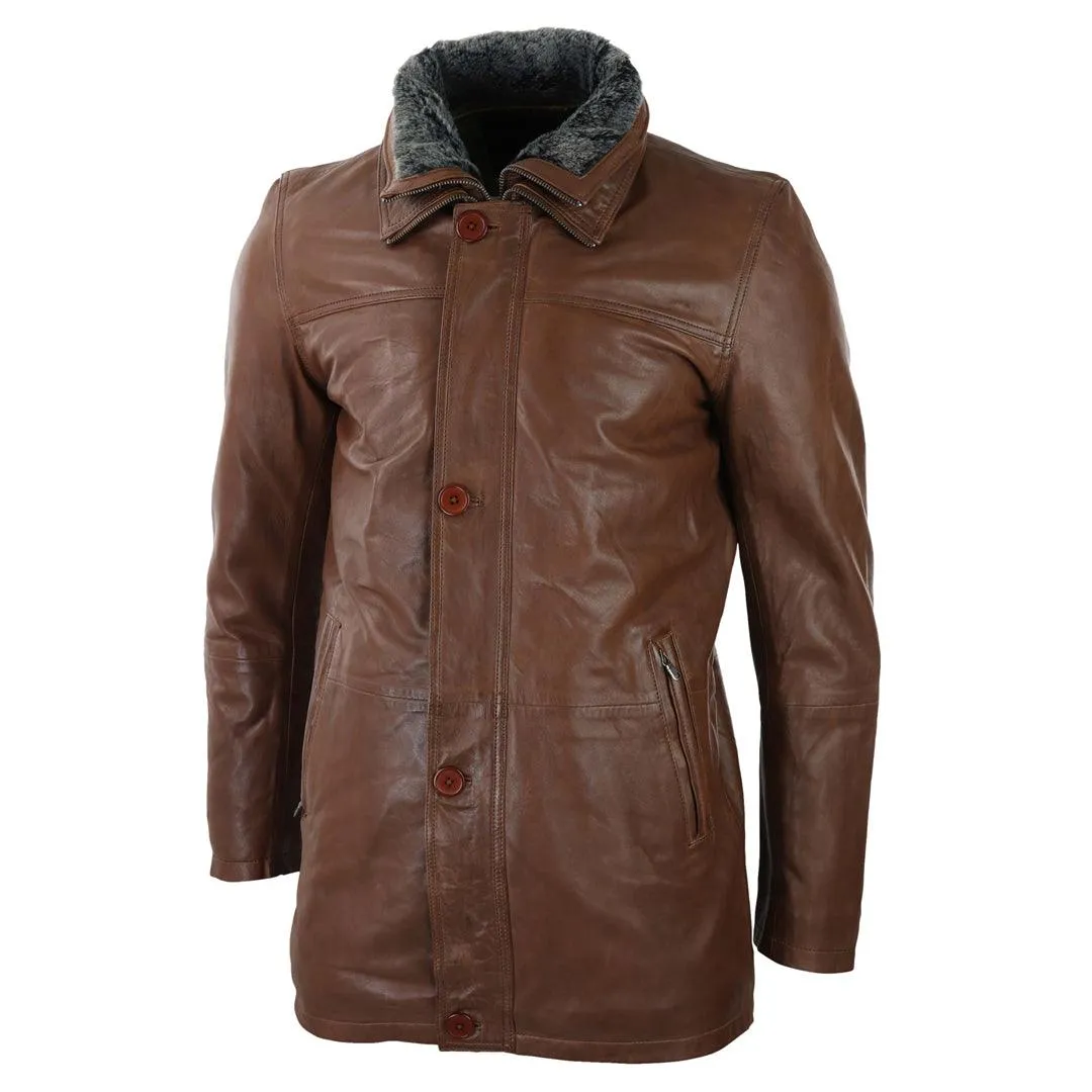 Mens 3/4 Long Real Leather Safari Jacket Classic Car Coat Zip Button Cover