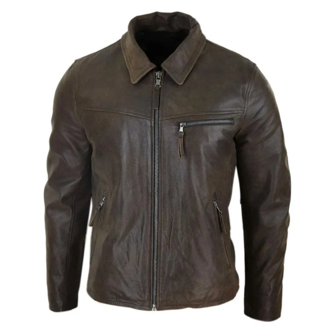 Mens Classic Real Leather Soft Hide Zipped Collar Box Jacket Smart Casual Fit