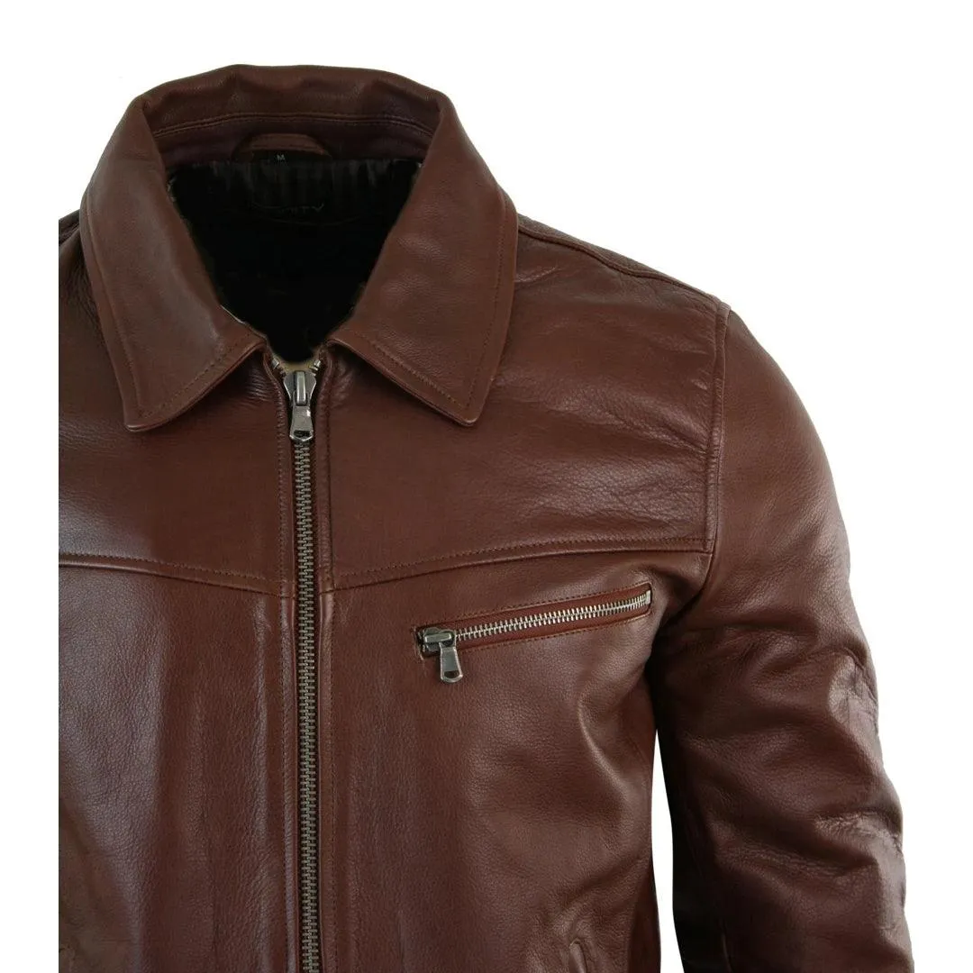 Mens Classic Real Leather Soft Hide Zipped Collar Box Jacket Smart Casual Fit