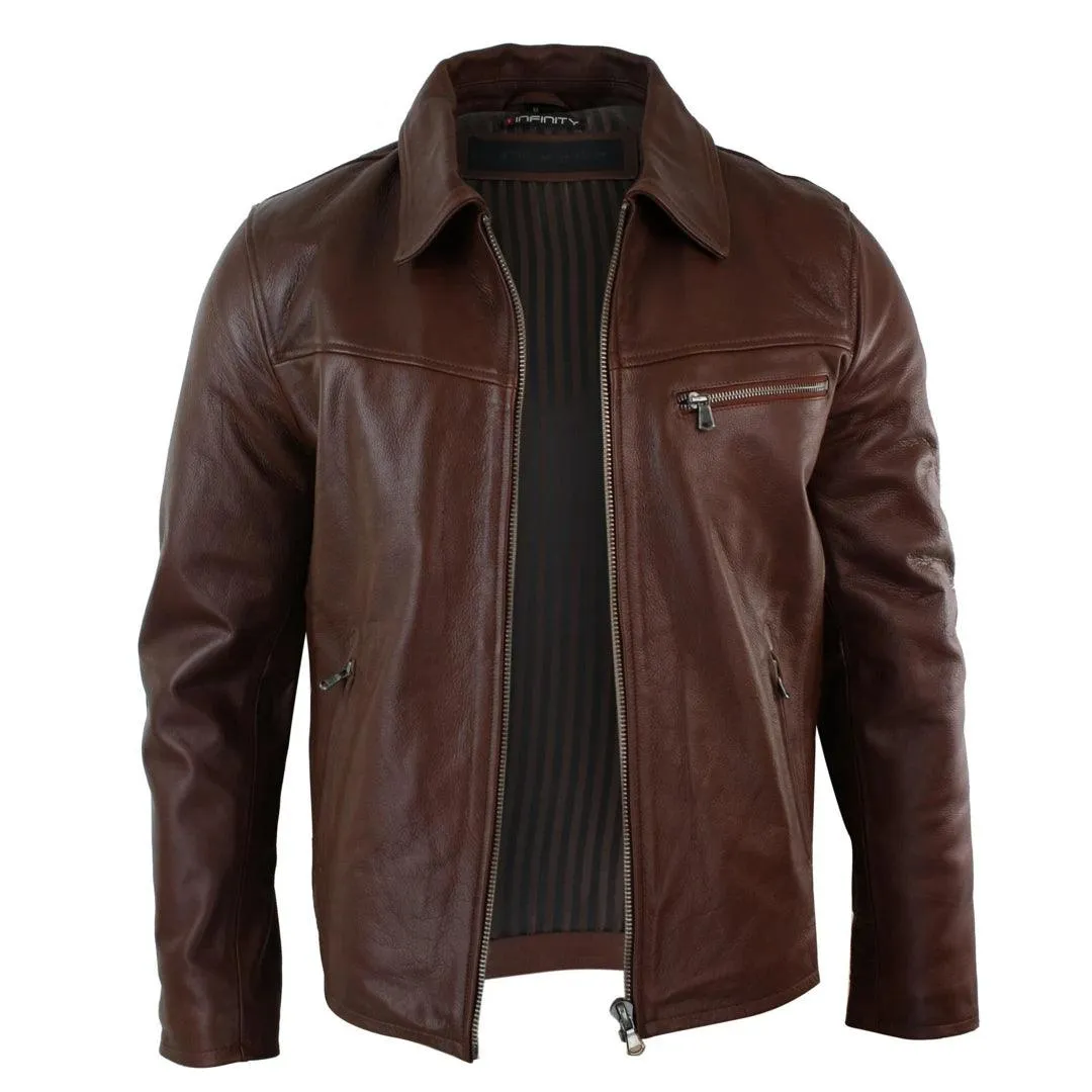 Mens Classic Real Leather Soft Hide Zipped Collar Box Jacket Smart Casual Fit