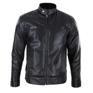 Mens Classic Zip Real Leather Jacket Nehru Grandad Collar Biker Style