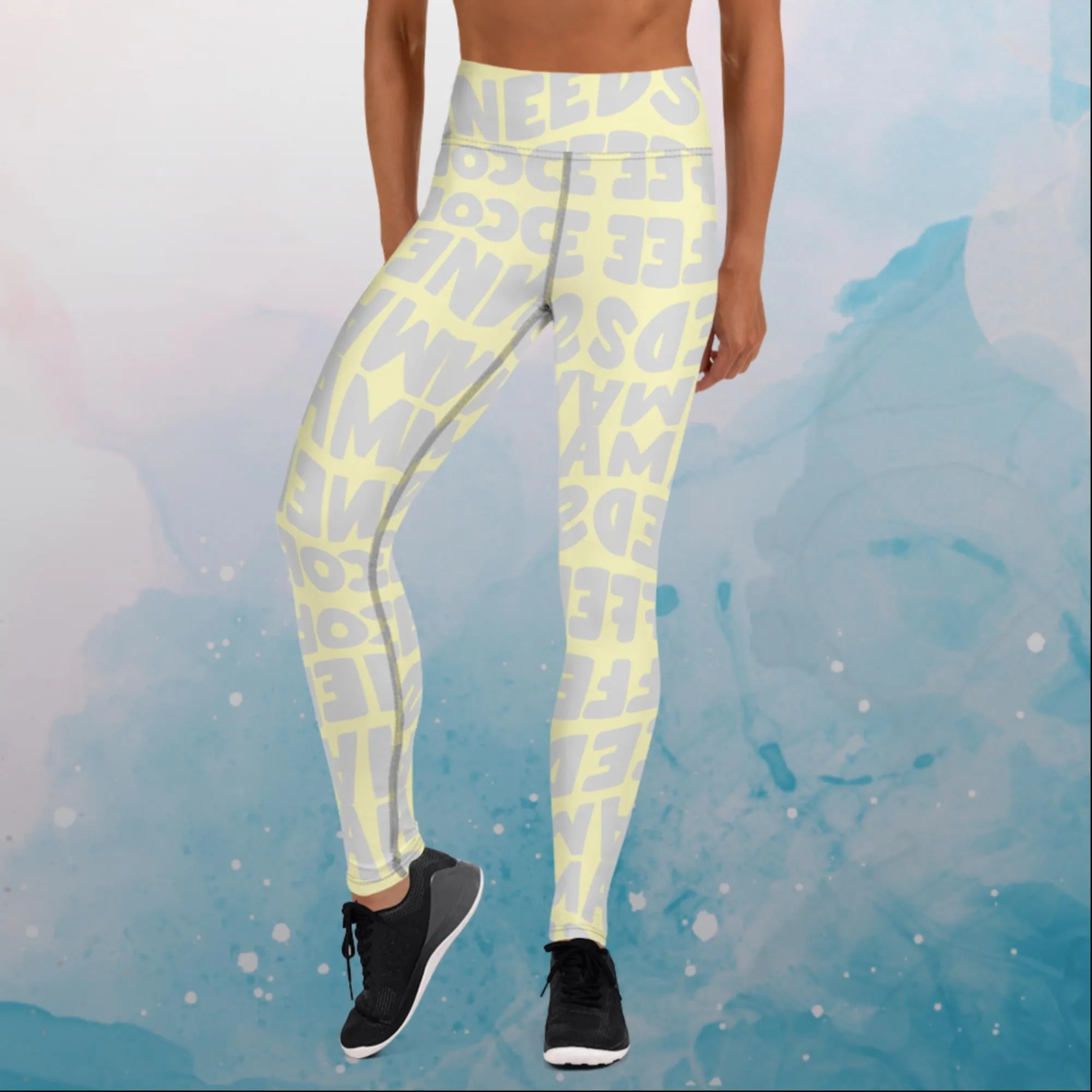 Momma Needs Coffee Yellow and Gray High Waist Leggings