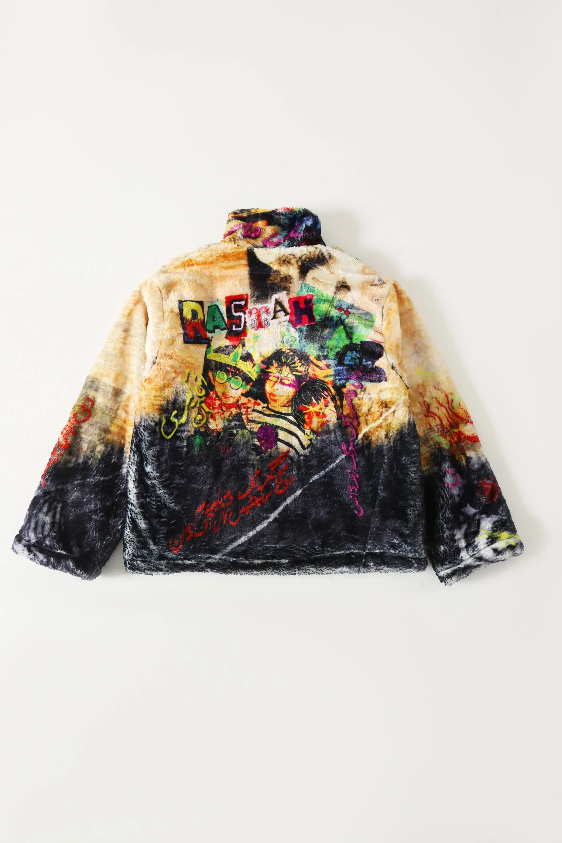 "FAMILY FIRST" PRINTED FAUX FUR JACKET