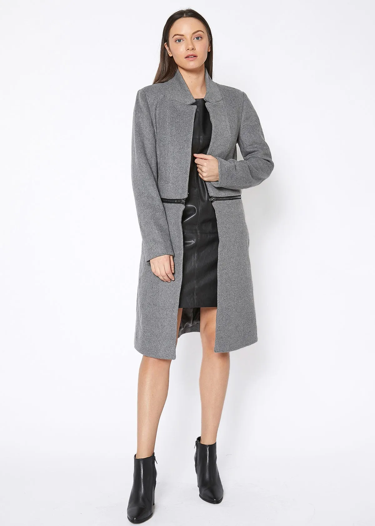 Women's 2 In 1 Brushed Wool Open Front Zipper Coat Jacket