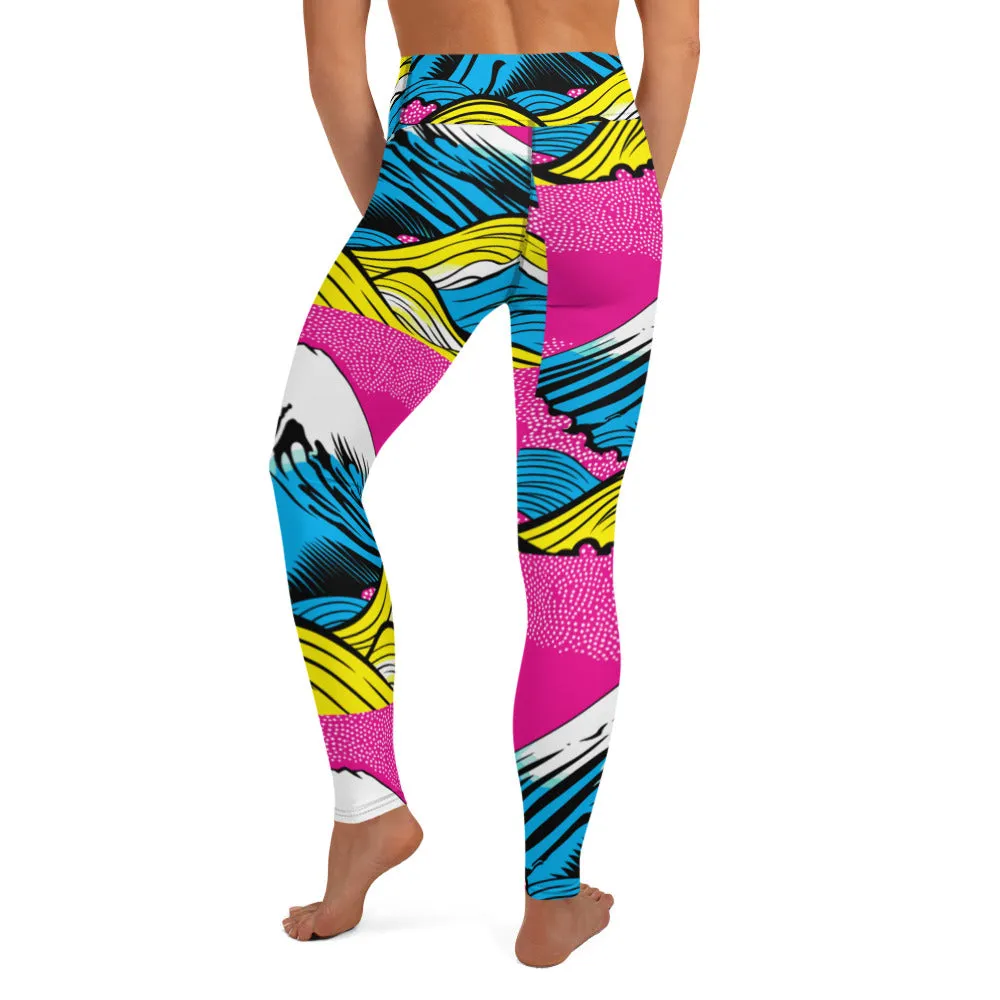 Women's Pop Art Yoga Pants - Roy Lichtenstein Inspired Mt Fuji Print 001