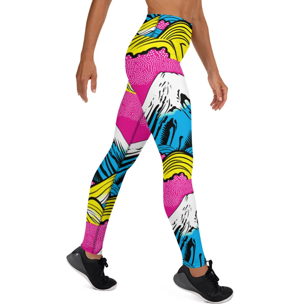 Women's Pop Art Yoga Pants - Roy Lichtenstein Inspired Mt Fuji Print 001