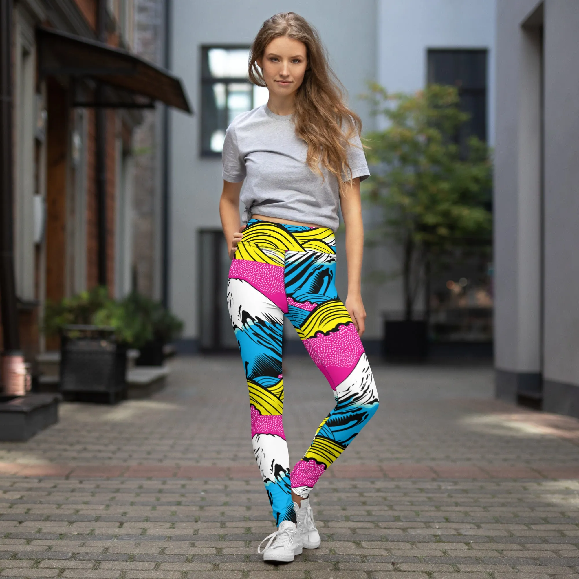 Women's Pop Art Yoga Pants - Roy Lichtenstein Inspired Mt Fuji Print 001